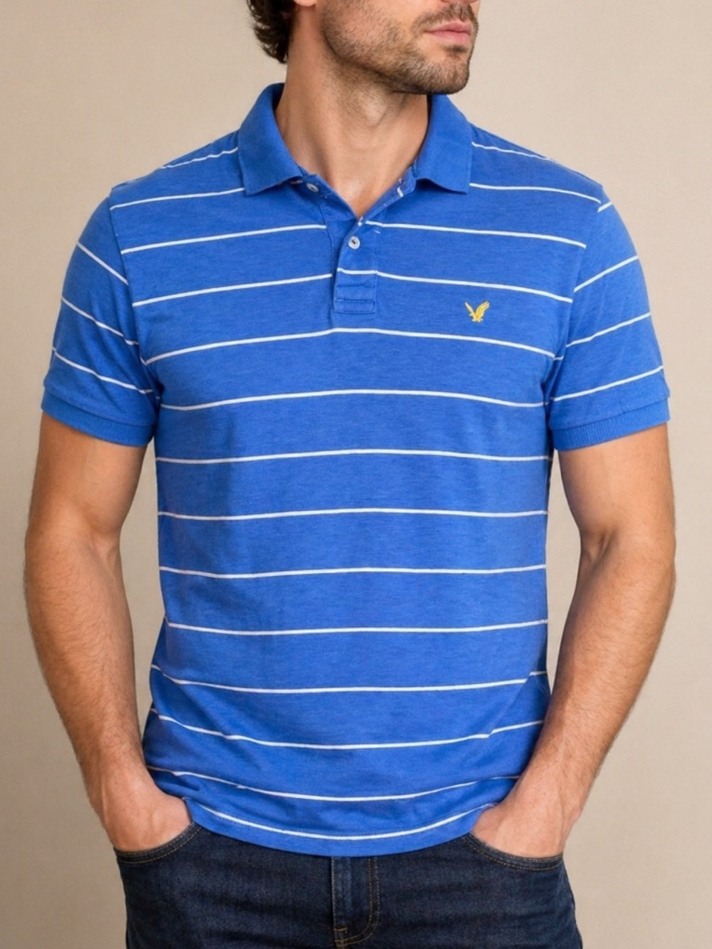 American Eagle Outfitters Blue/White Athletic Fit Striped Polo